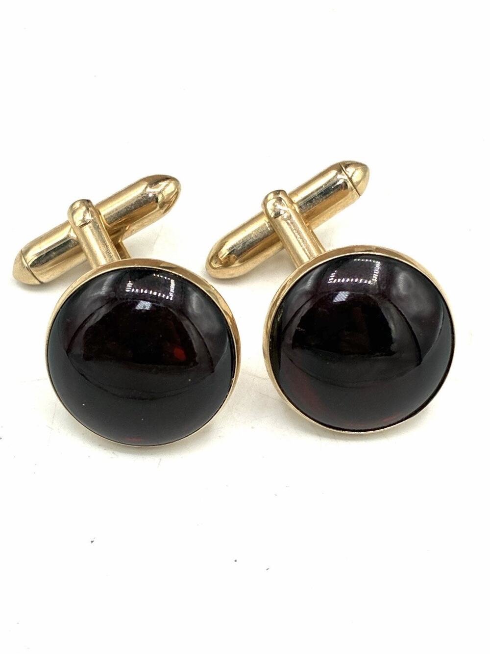 Vintage Swank Cuff Links Dark Garnet Red Round Cabochon Gold Tone Bullet Back